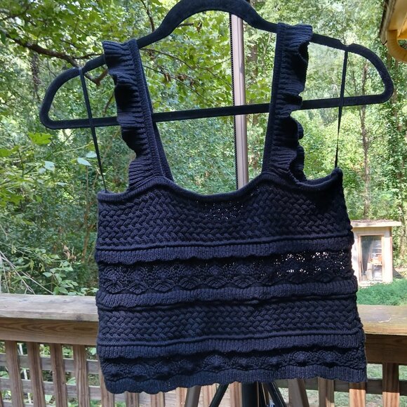 By Together 'Ruffle Tank'  Black Crochet Artsy Textured Semi Stretch Knit Sz S - Picture 2 of 9
